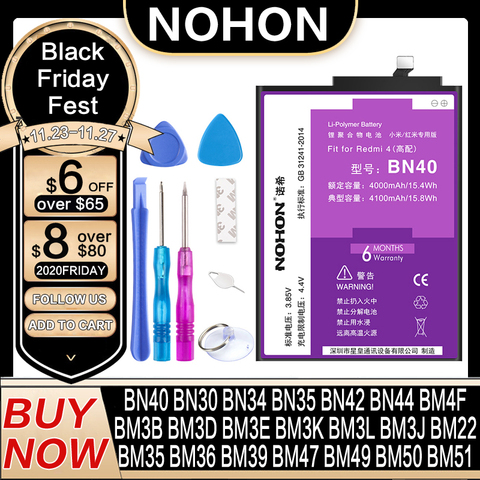 NOHON Battery For Xiaomi Redmi 4 6 Pro 3 3S 4X 4A 5A 5 Plus 2 BM47 BM4A BN30 BN34 BN35 BN40 BN42 BN44 BN47 BM41 Original Bateria ► Photo 1/6