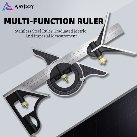 AMKOY 3 In 1 Square Angle Ruler Set Adjustable Engineers Multi Combination Right Angle Ruler Protractor Measuring Tool Set ► Photo 1/6