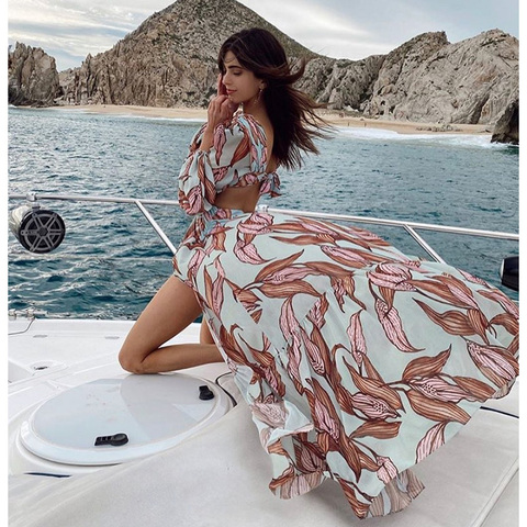 Beach Dress Summer Floral Swimsuit Print Belt Bathing Suit Women Long Cover Up Off Shoulder Beachwear Bandeau Halt Swimsuit ► Photo 1/6