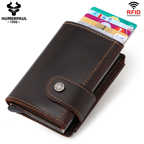 Minimalist Aluminum Credit Card Holder Wallet for Men RFID Vintage Crazy Horse Leather Bank Cardholder Case Quality Coin Purse ► Photo 1/6