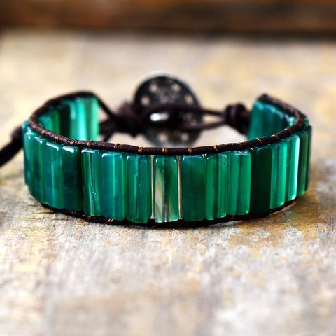 Womens Boho Bracelets Tube Shape Green Onyx Single Leather Wrap Bracelet Semi Precious Stone Beaded Beadwork Bracelet Dropship ► Photo 1/6