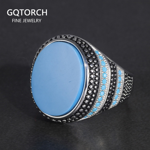 Guaranteed Silver 925 Mens Rings With Stone Simulated Turquoise Retro Vintage Turkish Finger Rings Man Jewelry ► Photo 1/6