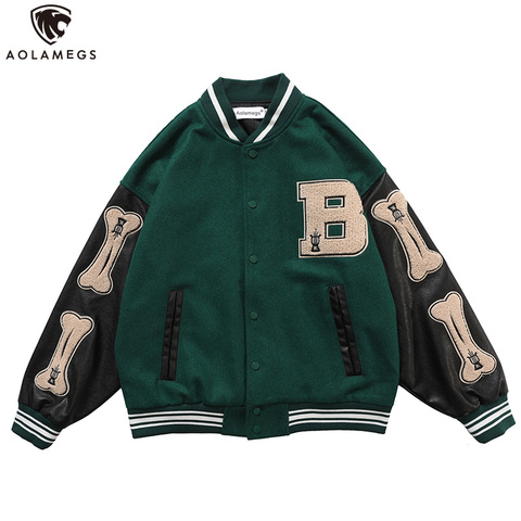 Aolamegs Furry Bone Letter Patch Color Block Patchwork 3 color Optional Harajuku College Style Bomber Jacket Men Baseball Coats ► Photo 1/6