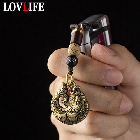 Vintage Brass Blessing Fish Keychain Lanyard Pendant Fashion Jewelry Lucky Men Car Key Chain Handmade Rope Hanging Chinese Gifts ► Photo 1/6