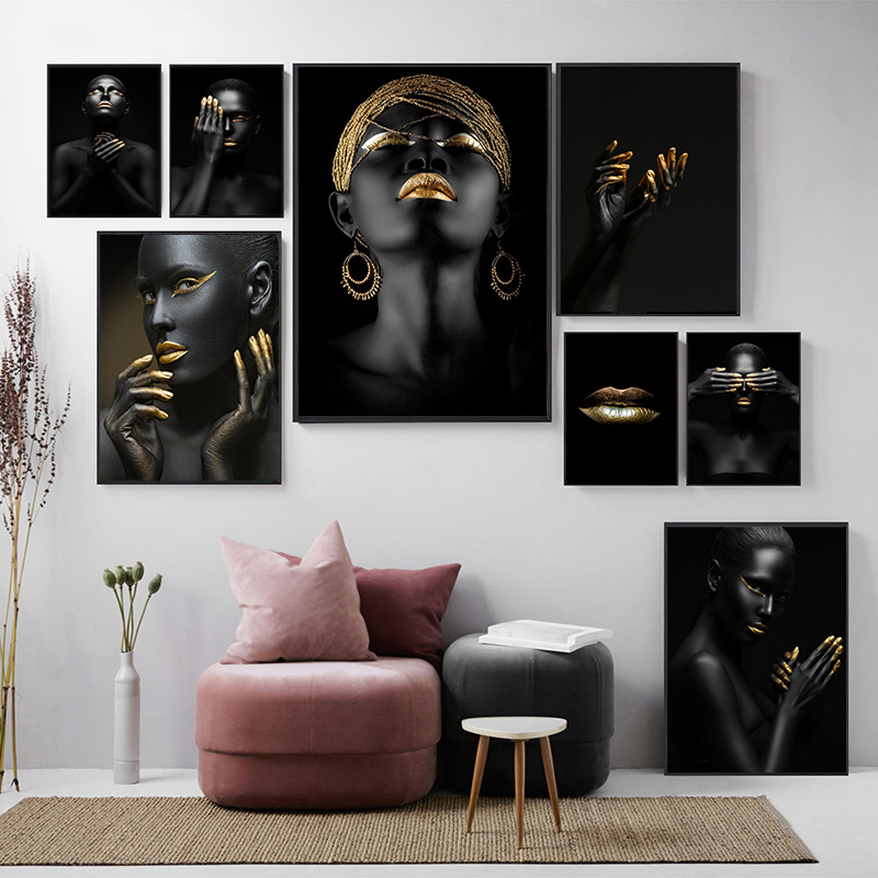90cm Canvas Painting Gold and Black Modern Makeup Model African Woman Canvas Wall Art Paintings Fashion Girl Poster Prints for Living Room Home Decor Paintings 60 