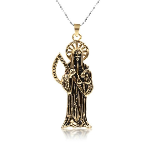 Hip Hop Vintage Holy Death Santa Muerte Skull Biker Pendant Gold Necklace Stainless Steel Man Women Gothic Jewelry ► Photo 1/5