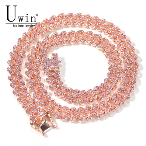 Uwin S-Link Miami Rose Gold 12mm Cuban Link Pink Rhinestone Necklace Chain Full Bling Punk Bling Bling Charm Hiphop Jewelry ► Photo 1/6