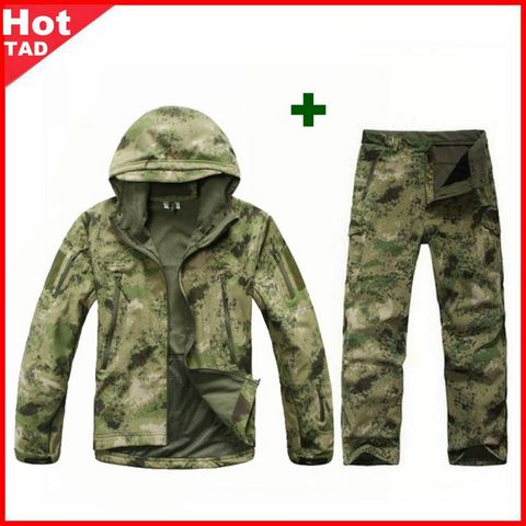TAD Tactical Men Army Hunting Hiking Fishing Explore Clothes Suit Camouflage Shark Skin Military Waterproof Hooded Jacket+Pants ► Photo 1/6