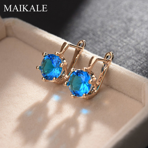 MAIKALE Simple Blue Cubic Zirconia Stud Earrings for Women Gold Silver Color Plated Copper Round CZ Earring Fashion Jewelry Gift ► Photo 1/6