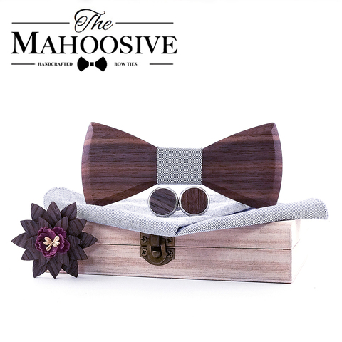 Wooden Bow Tie Handkerchief Set Men with cufflinks lapel flowers Floral design wood Box Fashion Novelty men ties ► Photo 1/6