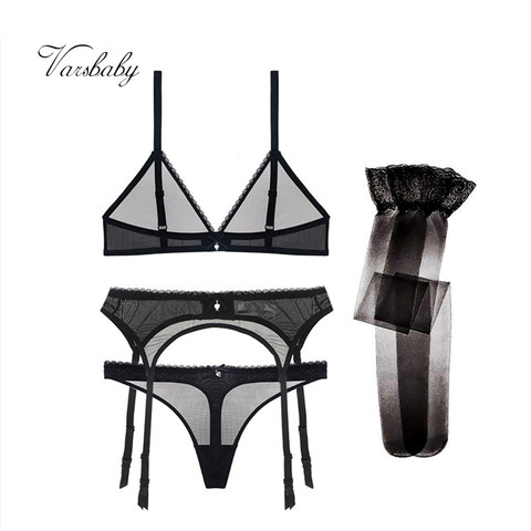Varsbaby sexy bra+thongs+garter+stockings 4pcs transparent underwear wire free seamless bra set ► Photo 1/6
