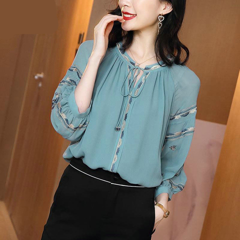 Elegant Women Lace-up Shirt Female Summer 2022 New Design Retro Embroidery Three Quarter Sleeve Loose Top Casual Work Blouse ► Photo 1/4