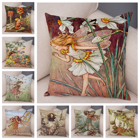 Vintage Cartoon Elves  Cushion Cover Decor Colorful Fairy Tale World Pillow Case Plush Flower Girl Pillowcase for Sofa Home ► Photo 1/6