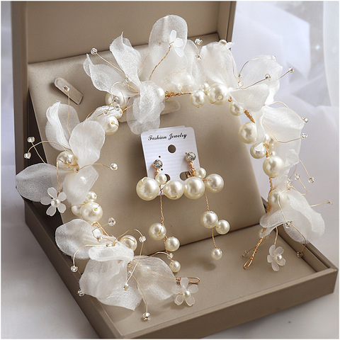 wedding Bride Headdress Hair Bands Immortal Beaded Flower Girls Ornament Pearl earring Hair Accessories set ► Photo 1/6