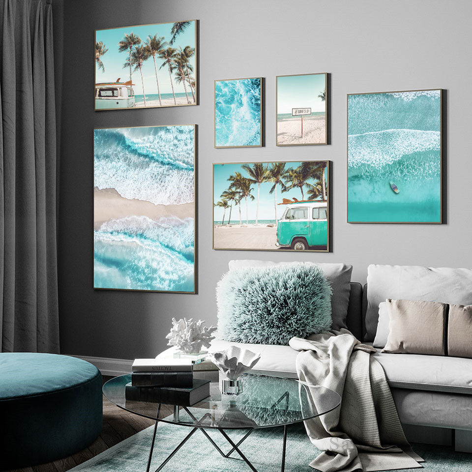 Scandinavian Pineapple Ocean Waves Canvas Poster Nordic Landscape Wall Art Print 