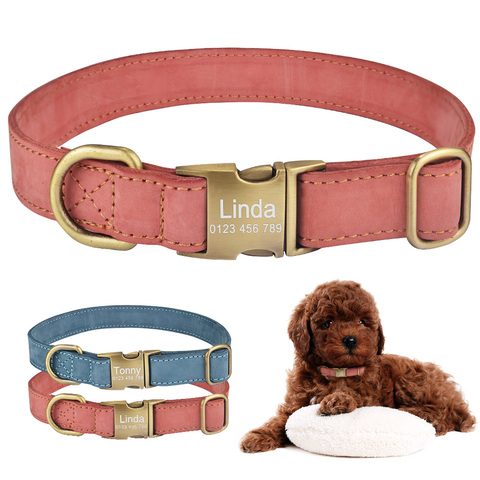 Leather Dog Collar Personalized Puppy Name Custom Engraved Boy Girl Buckle S-L ► Photo 1/6