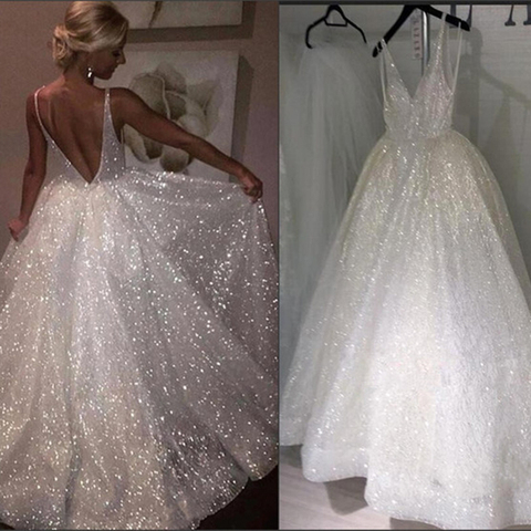 LORIE 2022 Beach Glitter Wedding Dress v neck Party Bridal Dresses vestido de noiva gelinlik Arabic mariee shiny Bridal Gowns ► Photo 1/6