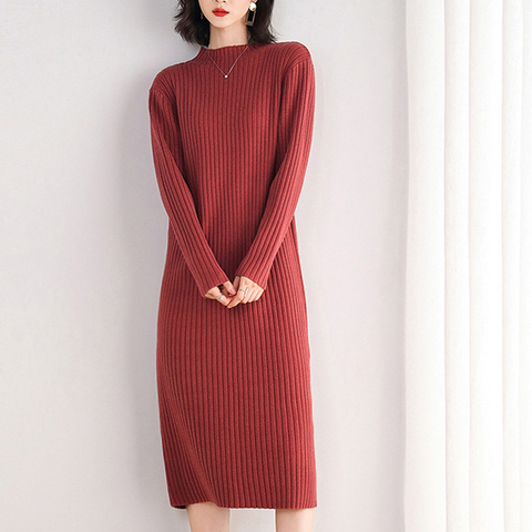New High Quality Sweater Dress for Women Knee-length Solid Color O-Neck Pullover Thick Autumn and Winter Brief Red Pink Black ► Photo 1/6