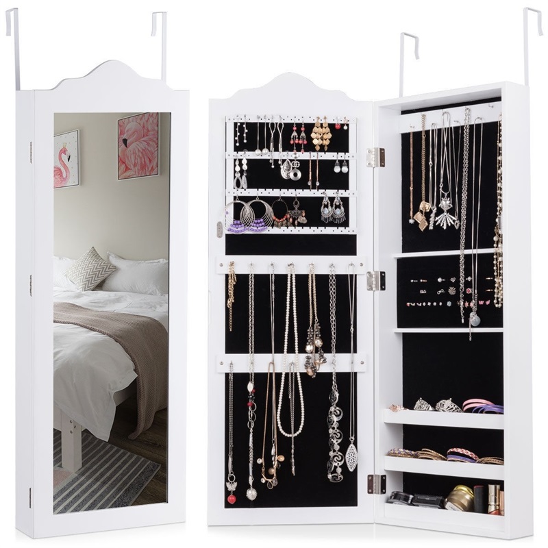White Wooden Wall Mounted, White Mirrored Jewelry Armoire