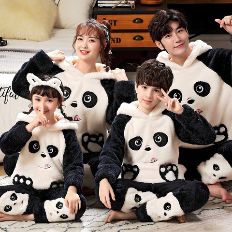 Winter Parent-Child Pajama set Children's Flannel Pyjamas Thickened Plush Hoodie Long Sleeved Animal Panda Women Men Homewear ► Photo 1/6