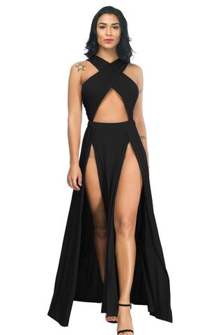 Sexy Cross Strap Off Shoulder Solid Color Split Black Long Dress 2022 Summer Women Asymmetrical Party Club Dress Plus Size M-3XL ► Photo 1/1