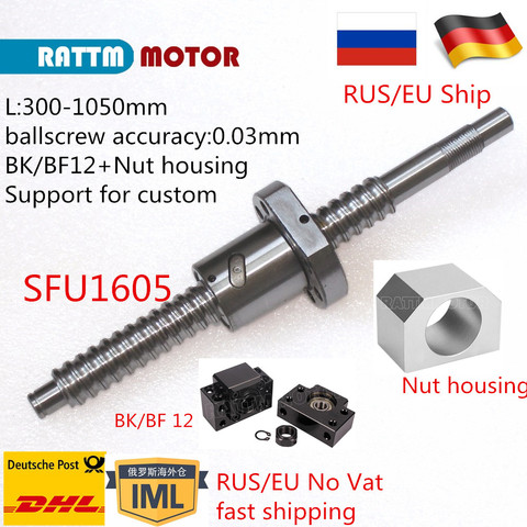 Ball Screw SFU1605 16mm Rolled C7 L300/500/600/800/1050mm With BK/BF12 End processing and nut for ruter machine part ► Photo 1/6