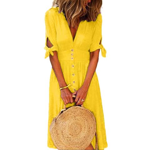 Yellow Dresses Women Fashion Solid Color Deep V Neck Tied Half Sleeve Button Party Long Dress ladies Button Party Long Dress ► Photo 1/6