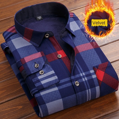 Winter Thick Velvet Dress Shirt For Men thermo Casual Long Sleeve Plaid Warm Fleece Lining Shirts Soft Flannel Plus Size L-6XL ► Photo 1/6