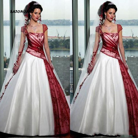 2022 Red and White Wedding Dresses Plus Size Ball Gowns Short Sleeve Tulle Sweep Train Sexy Backless Bridal Vestido De Novia ► Photo 1/6