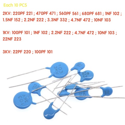 180PCS/LOT 22PF~22NF  1KV 2KV 3KV  High Voltage Ceramic Capacitors Assortment Assorted Kit 18 ValuesX10pcsCapacitance Kit ► Photo 1/1