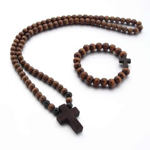 Cross Jesus Wood Necklace Pendant for Men Woman Wooden Beads Carved Long Rosary Catholic Necklaces Male Jewelry ► Photo 1/6