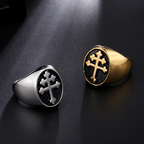 Religion Europe and America Stainless Steel Orthodox Cross Ring Gold Titanium Steel Three Leaf Cross Jewelry ► Photo 1/6