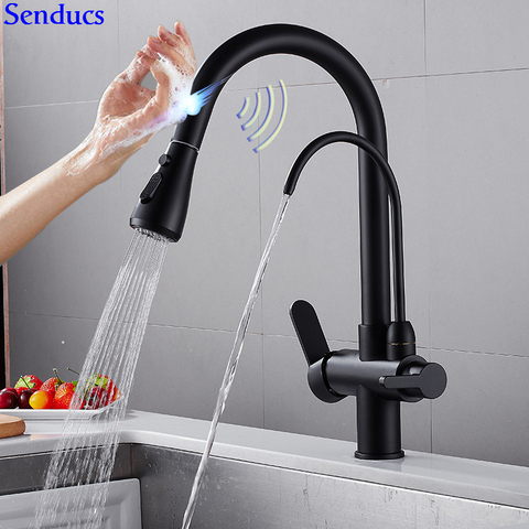 Sensor Kitchen Mixer Tap Senducs Three Ways Black Pull Out Water Filter Faucet Brass Intelligent Touch Sensing Kitchen Faucet ► Photo 1/6