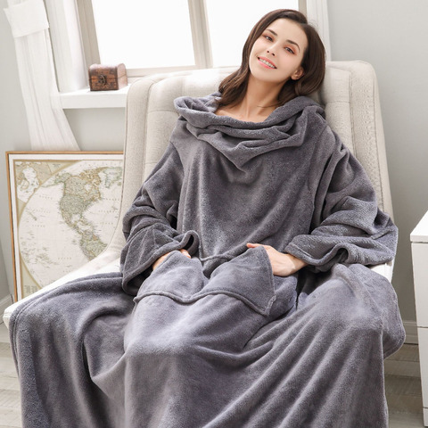 Soft Warm Blanket Long Fleece Blanket with Sleeves Coral Fleece Pocket Blanket Adult Winter Wash Flannel Blankets Robe ► Photo 1/5