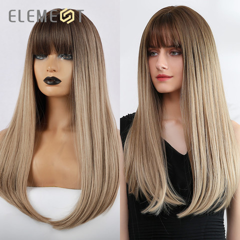 Element Synthetic 22 inch Long Wig with Bangs Dark Root Natural Headline Heat Resistant Hair Wigs for Women 2 Color ► Photo 1/6