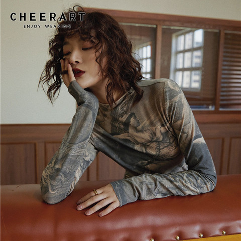 CHEERART Renaissance Print Vintage Top Turtleneck Long Sleeve Blouse Women Spandex Bodycon Blouse Ladies Tops Clothes ► Photo 1/6