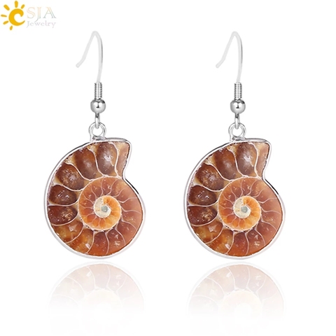 CSJA Women Gift Natural Snail Ammonite Spiral Whorl Conch Shell Fossils Nature Color Animal Pendant Dangle Hook Earring E105 ► Photo 1/6