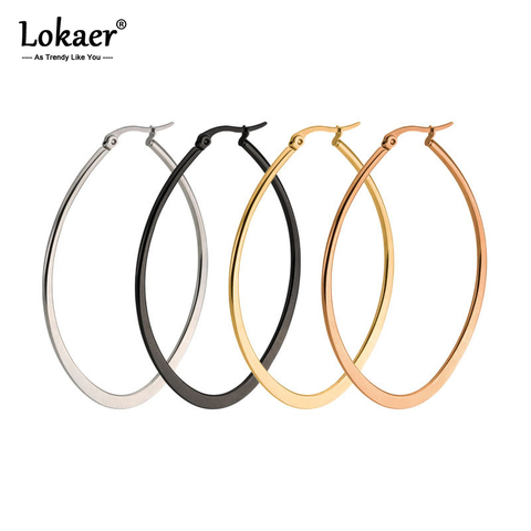Lokaer Stainless Stee Trendy Oval Flattened Exaggerated Hoop Earrings Black/Gold Party Earrings Jewelry For Women E18374 ► Photo 1/5