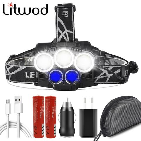 Powerful 5 Led Headlight Headlamp Micro USB Rechargeable 18650 Battery Head Flashlight Lamp Torch White & Blue Light for Fishing ► Photo 1/6
