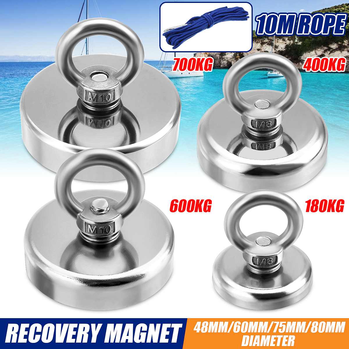 700KG Strong Pull Salvage Magnets for Fishing Treasure Hunting Neodymium+10M Rop 