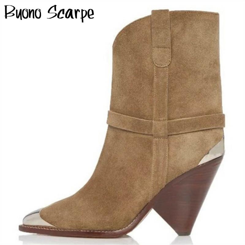 Metal Toe High Heel Women Boots Genuine Leather Short Ankle Boots Suede Leather Pointed Toe Heels Shoes Ladies Matin Boots 2022 ► Photo 1/6