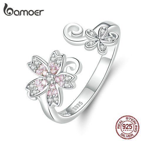 bamoer Sterling Silver 925 Pink Sakura Cherry Flower Open Adjustable Finger Rings for Women Romantic Wedding Jewelry BSR086 ► Photo 1/6