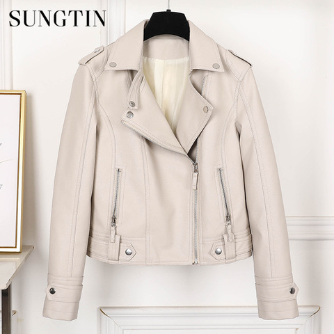 Sungtin Women Faux Leather Jacket Beige Casual Slim Motorcycle Biker Leather Coat Female Punk Streetwear Spring Autumn Jackets ► Photo 1/6