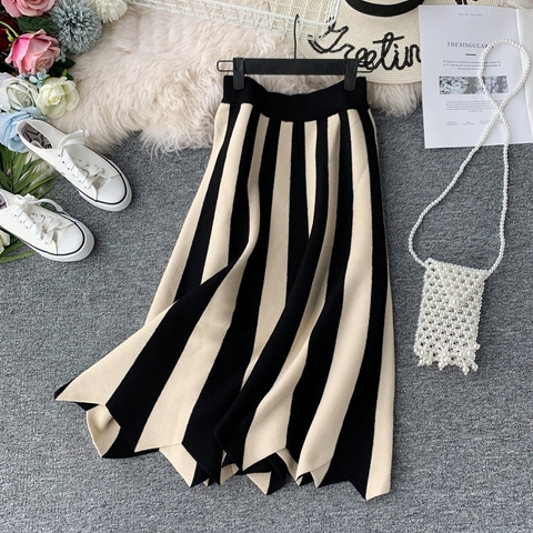 Women's Knit Skirt Striped Color Blocked Autumn High Waist elastic A-line Big Swing Skirts Japan Harajuku Female Falda LS147 ► Photo 1/6