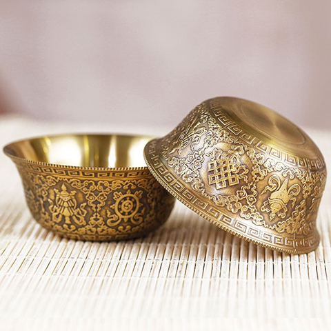 Relief Pure Copper Drinking Bowl Pure Brass Carved Auspicious Tibetan Holy Water Cup Golden Buddhist Bowl Home's Gift Decorative ► Photo 1/6
