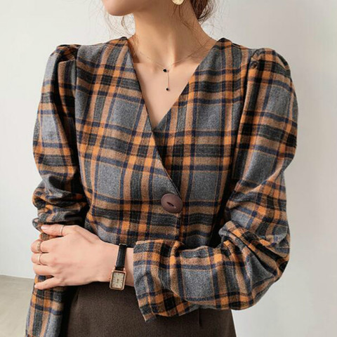 Women Spring Sexy V Neck Vintage Plaid Blouse Single Button Thick Shirt Long Sleeve Loose Casual Tops ► Photo 1/6