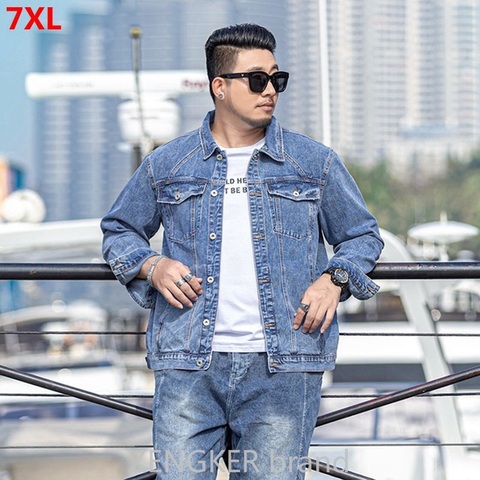 Tide brand large size men's spring new light blue denim jacket loose big size men's jacket 7XL 8XL ► Photo 1/5