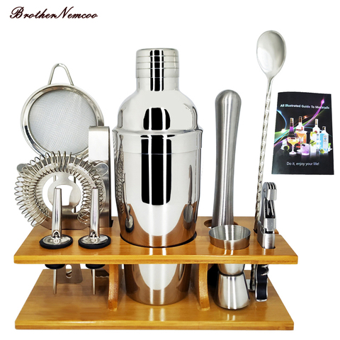 11Pcs Bar Set 750ML Cocktail Shaker Set With Stylish Wooden Stand And Recipes Booklet Perfect Home Bartending Kit with Bar Tools ► Photo 1/6