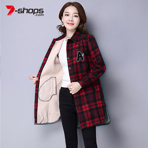 AECU Winter Shirts Warm Tops Women Long Sleeve Velvet Thick Shirt Long Outerwear Female Turn-down Collar Plaid Thicken Blouse ► Photo 1/5