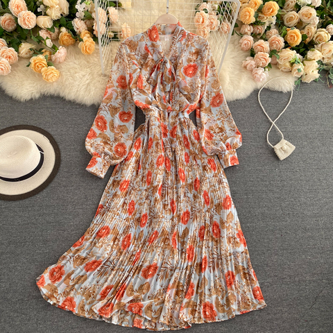 SINGRAIN Women Korean Chiffon Print Dress O Neck Puff Sleeve Vacation A Line Dress Autumn Casual Bow Drawstring Pleated Dress ► Photo 1/6